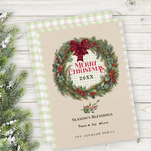Modern Gingham Check Farmhouse Christmas Wreath Holiday Card