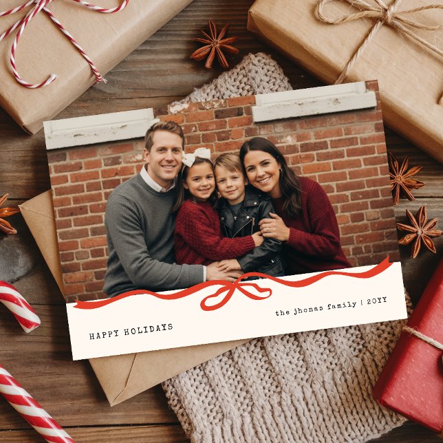 Modern Gingham Family Portrait Red Bow Christmas Holiday Card (Creator Uploaded)
