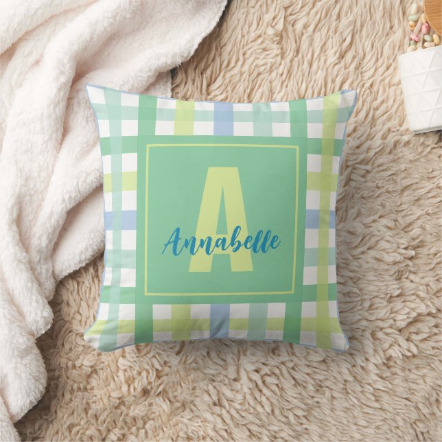 Modern Gingham Pastel Blue Green Lime Monogram Cushion (Blanket)