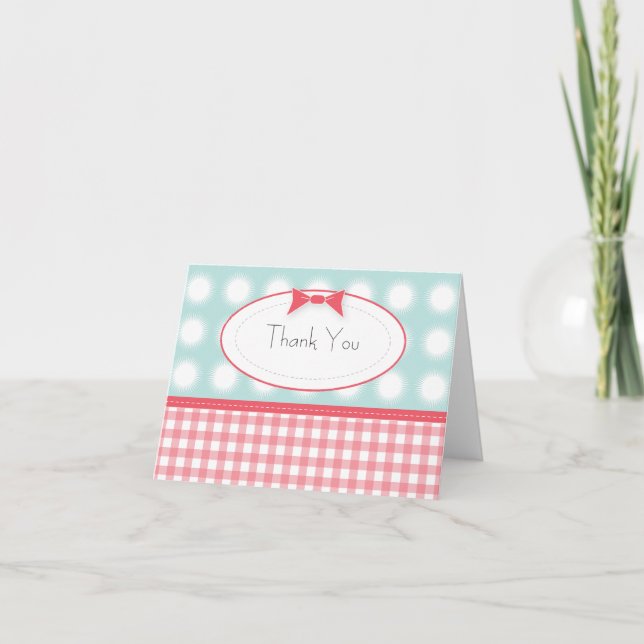 Modern Gingham: Pink & Aqua Thank You Card (Front)
