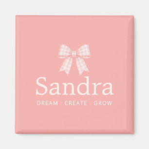 Modern Gingham Pink Bow Name Quote Magnet