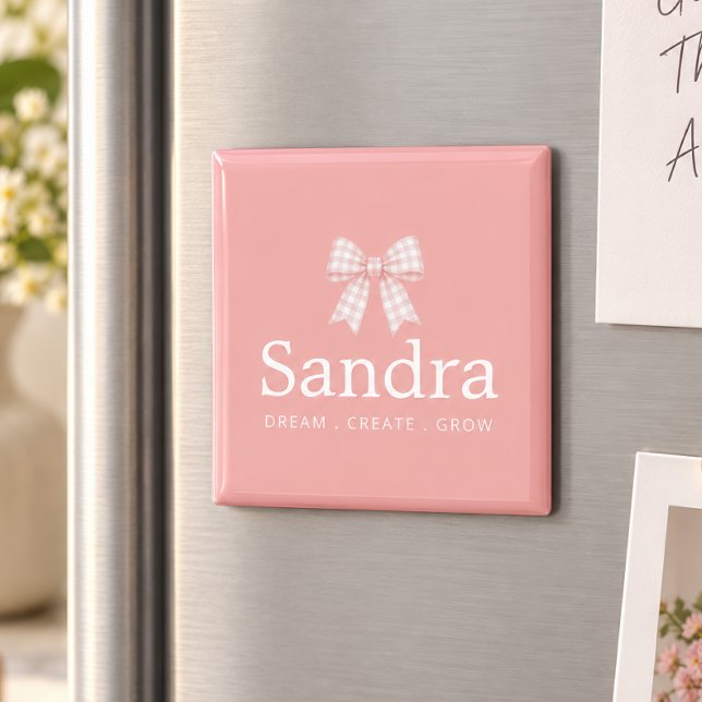 Modern Gingham Pink Bow Name Quote Magnet (Creator Uploaded)