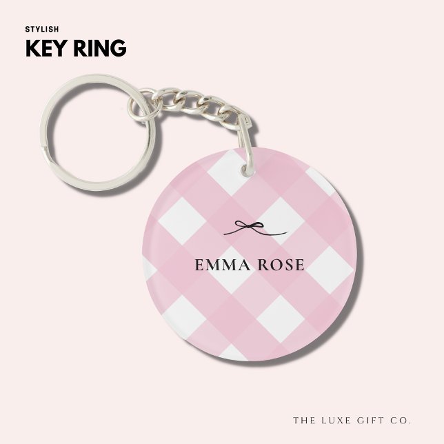 Modern Gingham Pink Round Key Ring with Bow (Creator Uploaded)