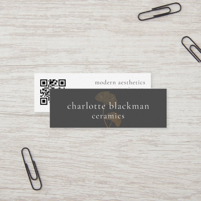 Modern Gingko Leaf QR Code  Mini Business Card (Front/Back In Situ)