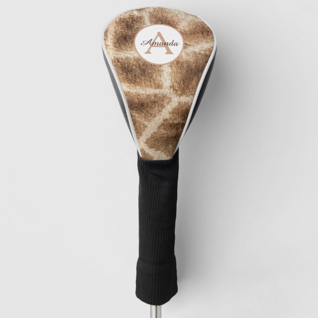 Modern giraffe pattern with monogram and name golf head cover (Front)