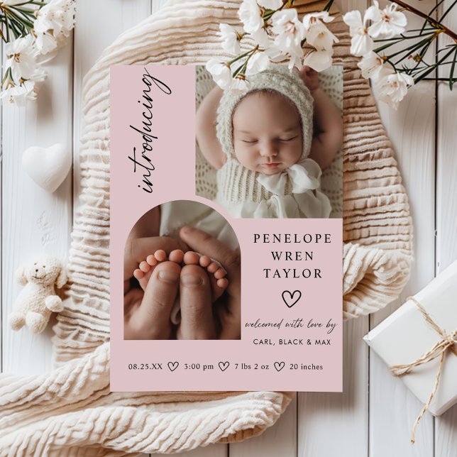 Modern Girl Birth Announcement Photo Collage Card (Creator Uploaded)