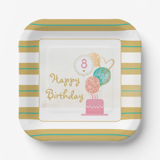 Modern Girl Chic Gold 8th Birthday Paper Plate (Front)