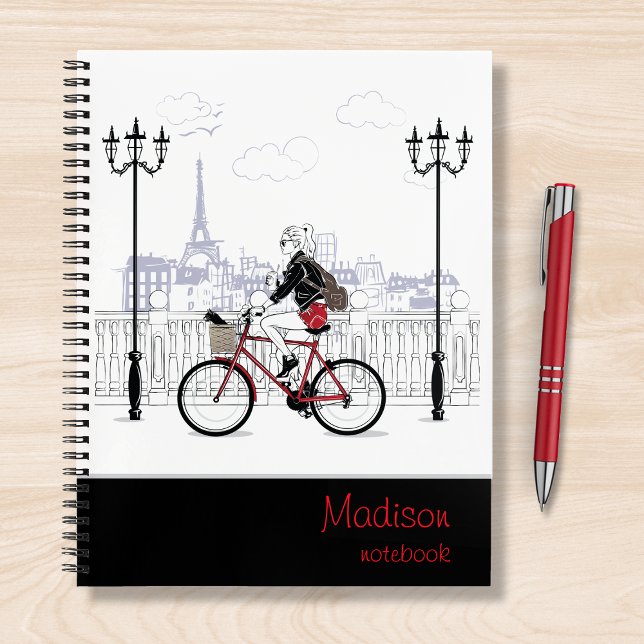 Modern Girl Cycling Paris Personalised Name Notebook (Creator Uploaded)