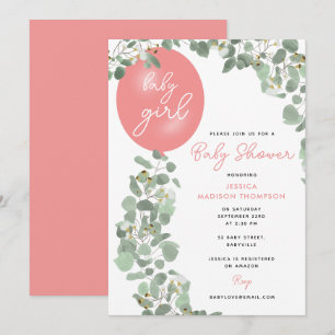 Modern Girl Eucalyptus Pink Balloon Baby Shower Invitation