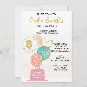 Modern Girl Gold Balloons Kids Birthday Party Invitation