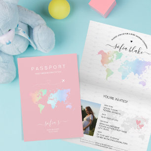 Modern Girl Pink Passport World Map Baby Shower Invitation