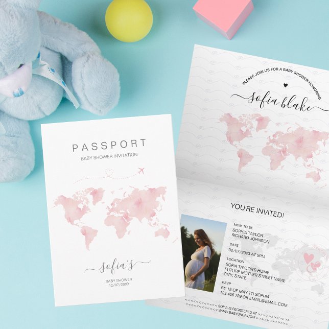 Modern Girl Pink Passport World Map Baby Shower Invitation (Creator Uploaded)
