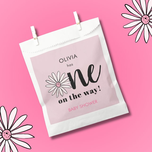 Modern Girls Baby Shower Daisy Floral Favour Bags (Modern pink floral daisy baby shower favor bags. 'One on the Way' floral daisy design.)