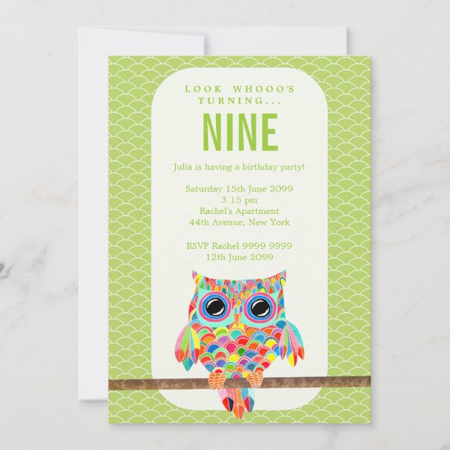 Modern Girls Birthday Party Rainbow Owl Invite (Front)