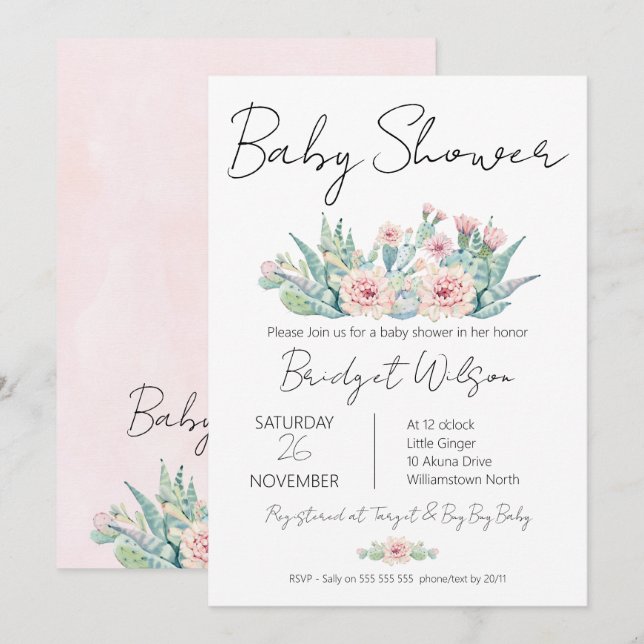 Modern Girls Floral Cactus Fiesta Baby Shower Invitation (Front/Back)