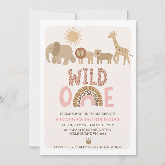 Modern Girls Safari Wild One 1st Birthday Invitation (Front)