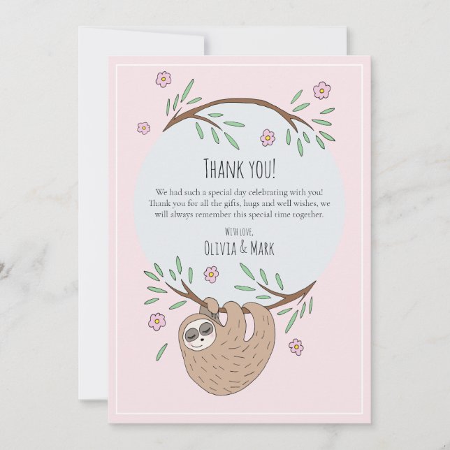 Modern Girls Sleeping Sloth Baby Shower Thank You Card (Front)