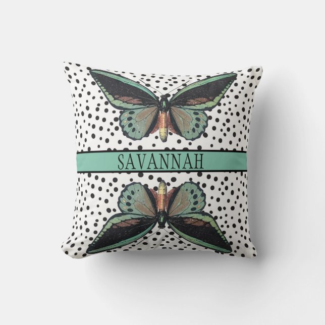 Modern Girl's Turquoise Black Butterfly Monogram Cushion (Front)