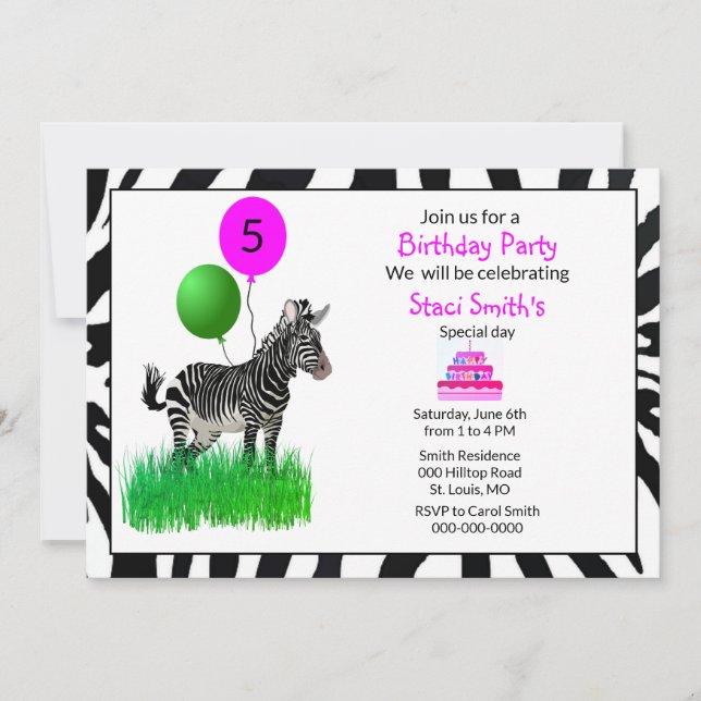 Modern Girl's Zebra Happy Birthday Invitation (Front)