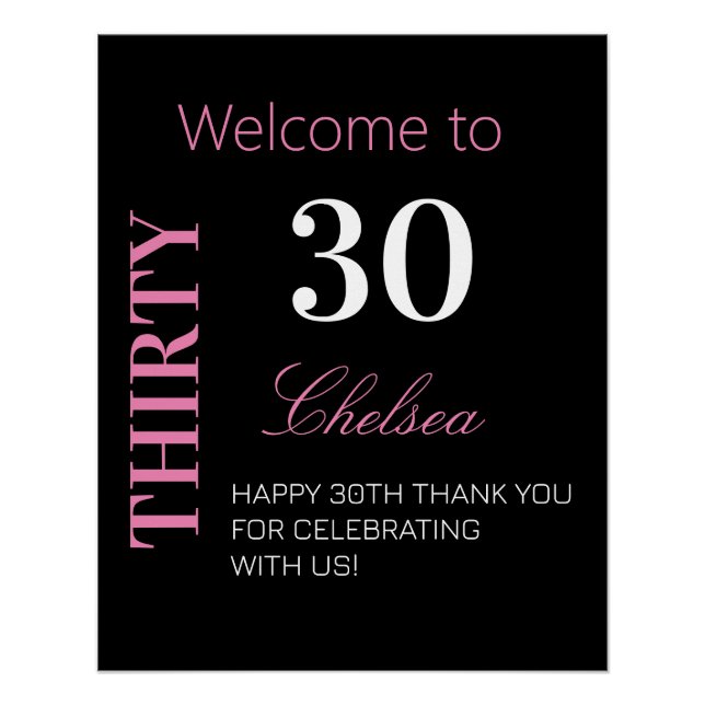 Modern Girly 30th Birthday Black Pink Welcome Poster (Front)