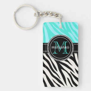 Modern Girly Black Aqua Zebra Print Personalised Key Ring