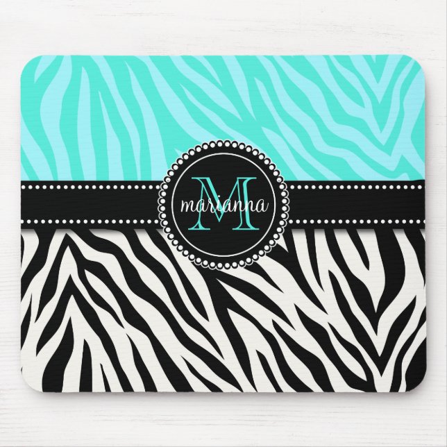 Modern Girly Black Aqua Zebra Print Personalised Mouse Mat (Front)
