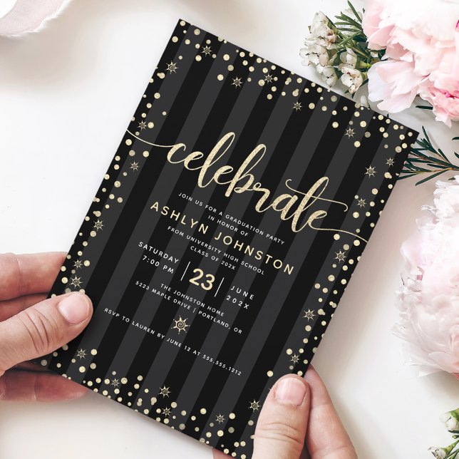 Modern girly black gold glitter script graduation  invitation (Creator Uploaded)