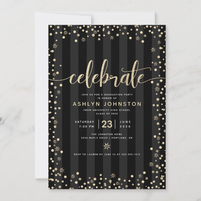 Modern girly black gold glitter script graduation  invitation (Front)