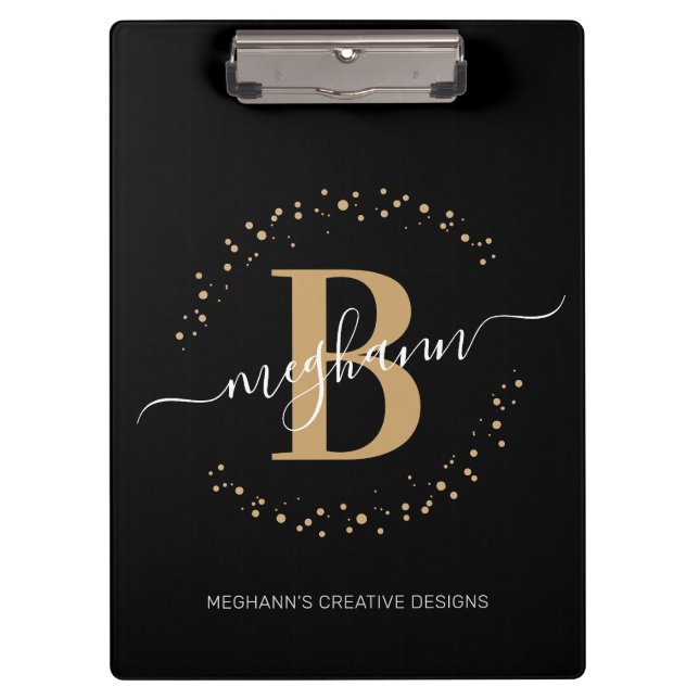 Modern Girly Black Gold Name Script Monogrammed Clipboard (Front)