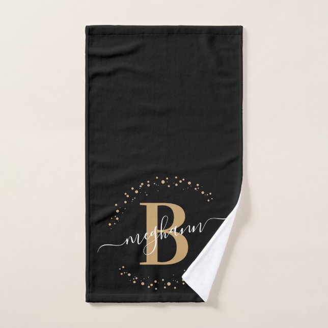 Modern Girly Black Gold Name Script Monogrammed Hand Towel (Hand Towel)