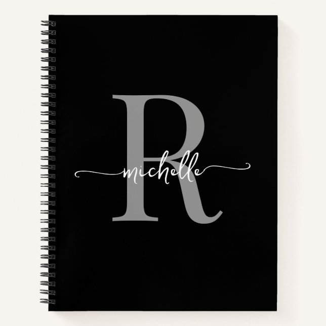 Modern Girly Black Grey Script Monogram Name Notebook (Front)