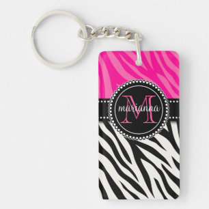 Modern Girly Black Pink Zebra Print Personalised Key Ring