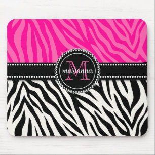 Modern Girly Black Pink Zebra Print Personalised Mouse Mat
