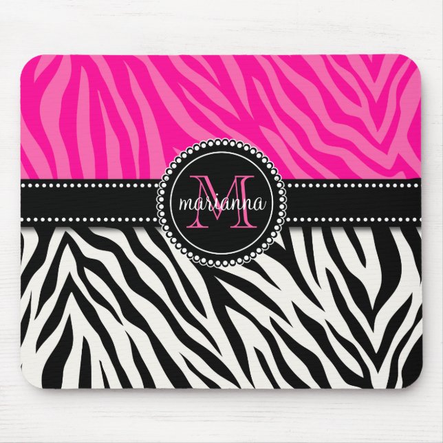 Modern Girly Black Pink Zebra Print Personalised Mouse Mat (Front)