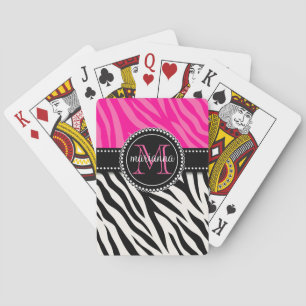 Modern Girly Black Pink Zebra Print Personalised Playing Cards