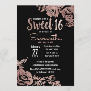 Modern Girly Black Rose Gold Floral Sweet 16 Invitation