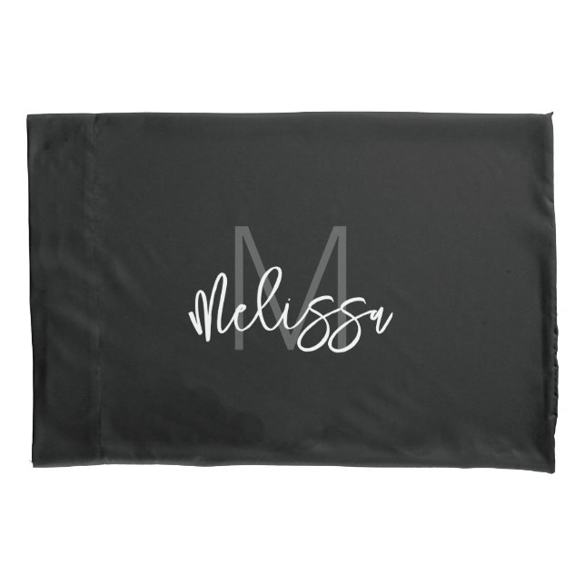 Modern Girly Black White Monogram Initial Name Pillowcase (Front)