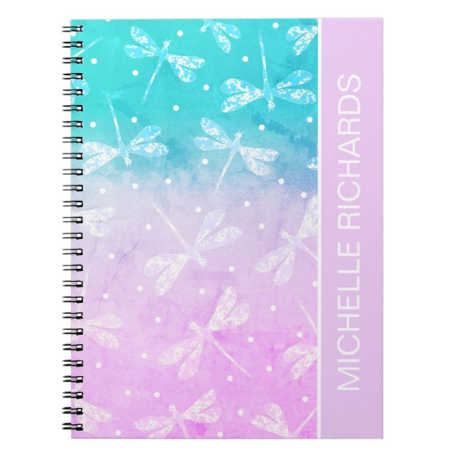 Modern girly blush pink aqua dragonflies name notebook (Front)