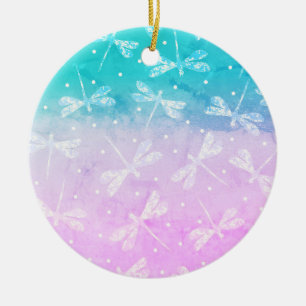 Modern girly blush pink aqua ombre dragonflies ceramic tree decoration