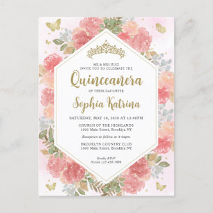 Modern Girly Blush Pink Floral Gold Quinceañera Postcard