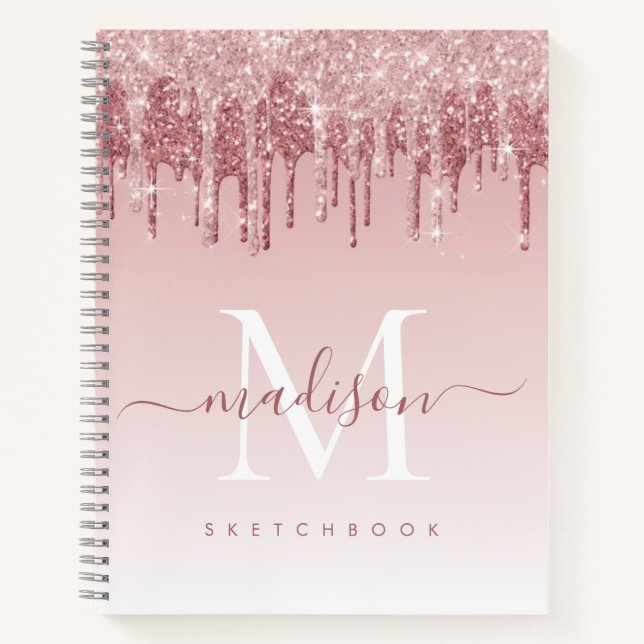Modern Girly Blush Pink Rose Gold Glitter Monogram Notebook (Front)