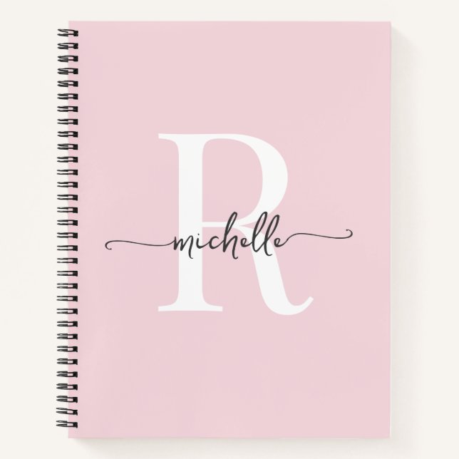 Modern Girly Blush Pink Script Monogram Name Notebook (Front)