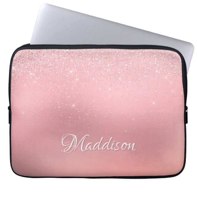 Modern Girly Blush Pink Silver Glitter Laptop Sleeve (Front)
