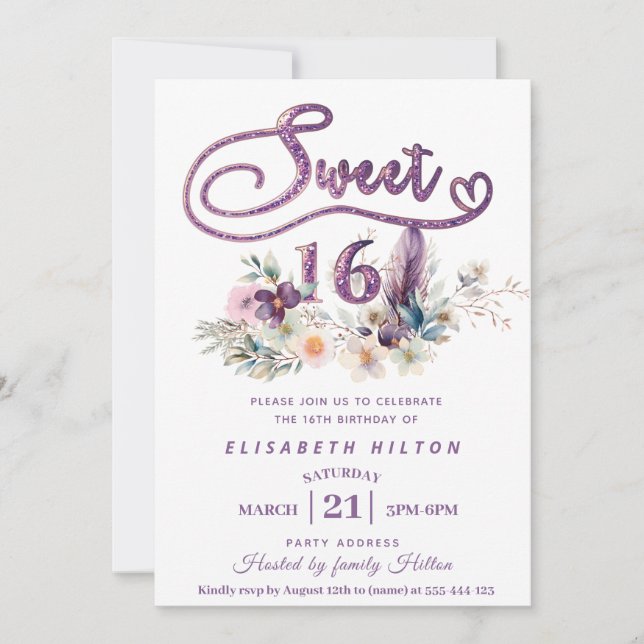 Modern girly boho floral Glitter typography  Invitation (Front)