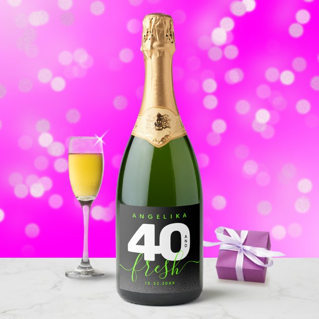 Modern Girly Bright Green 40 and Fresh Sparkling Wine Label (Creator Uploaded)