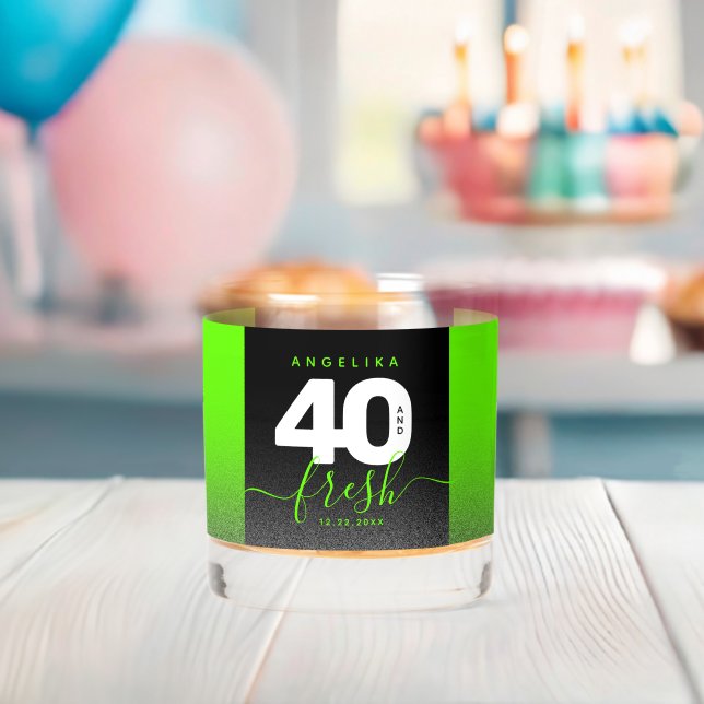 Modern Girly Bright Green Glitter 40 and Fresh Whiskey Glass (Insitu (Baby Shower))