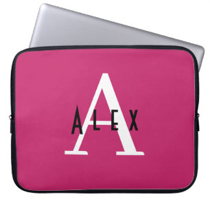 Modern Girly Bright Pink Monogram Initial + Name Laptop Sleeve