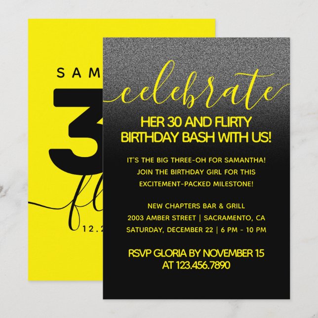 Modern Girly Bright Yellow 30 and Flirty Birthday Invitation (Front/Back)