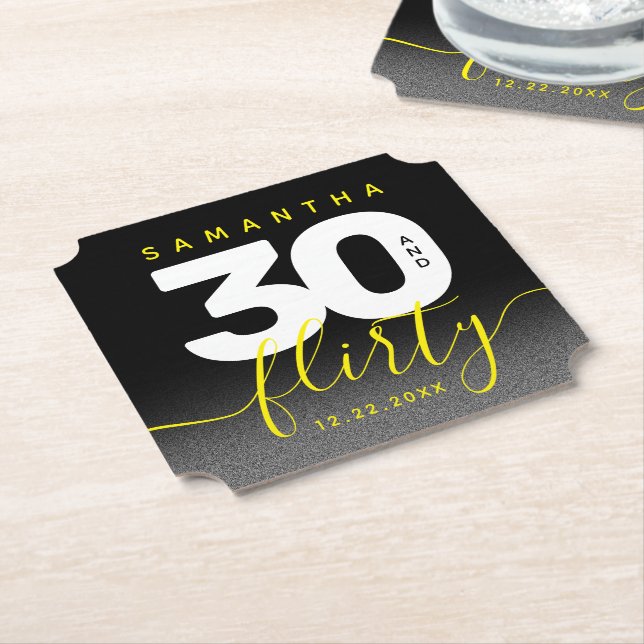 Modern Girly Bright Yellow 30 and Flirty Paper Coaster (Angled)