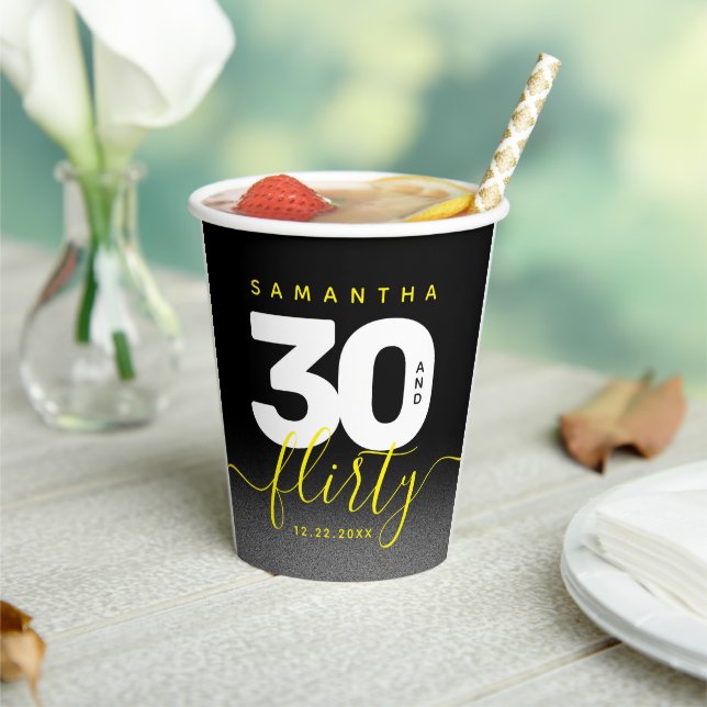 Modern Girly Bright Yellow 30 and Flirty Paper Cups (Insitu)